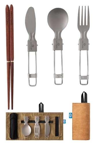 COOK'N'ESCAPE チタン カトラリーセット 折りたたみ式 5点/6点 シェラカップ付き 軽量 コンパクト UL向け 食器 スプーン フォーク ナイフ 箸 登山 キャンプ ソロ用 防災 収納袋付